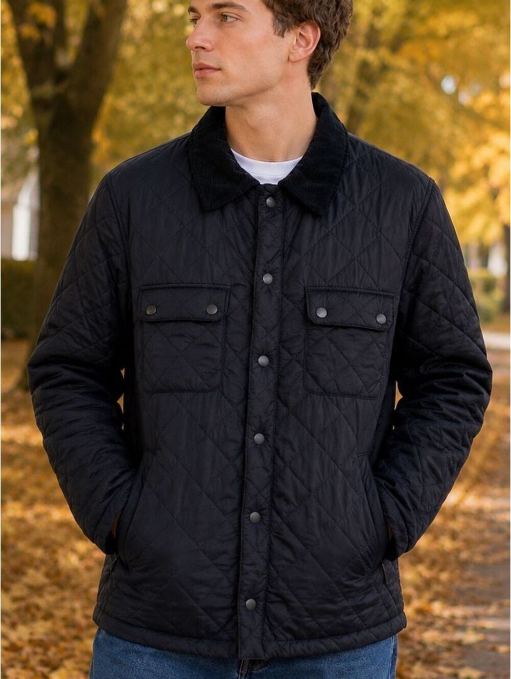 Jos. A. Bank Quilted Navy Jacket with Black Corduroy Collar